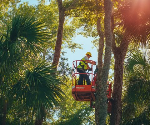 Ethical sourcing and maintenance of Batana trees by a worker on a lift platform